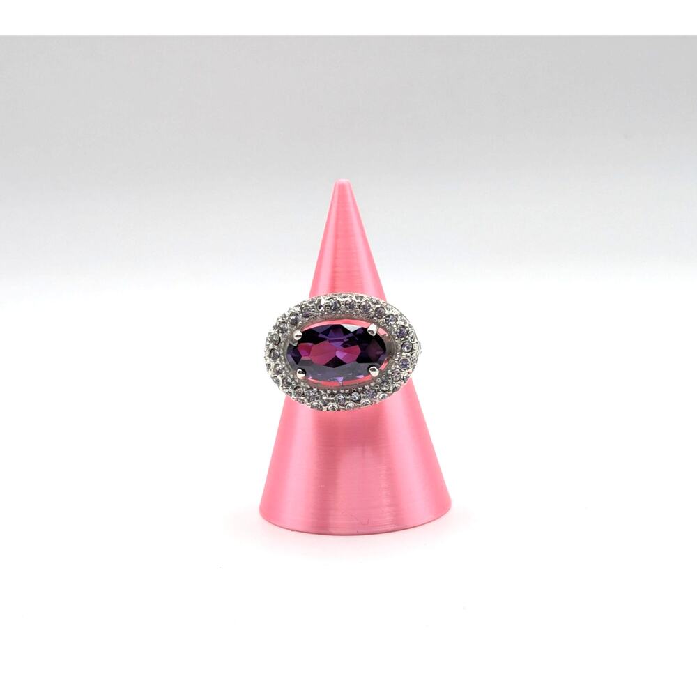 Silver Tone Purple Oval Crystal Halo Ring Womens Size 7.5 Jewelry READ